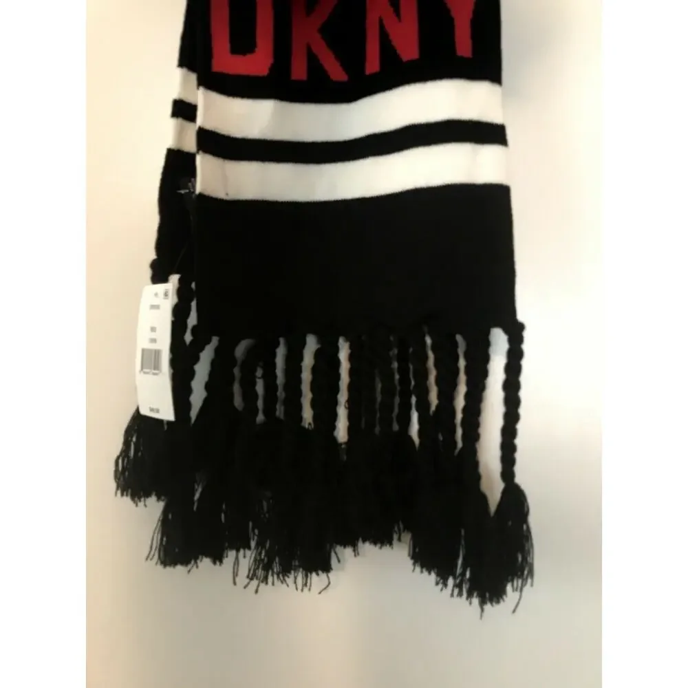 DKNY NEW Logo Stadium Scarf Tassel Fringe Black White Red Winter 68